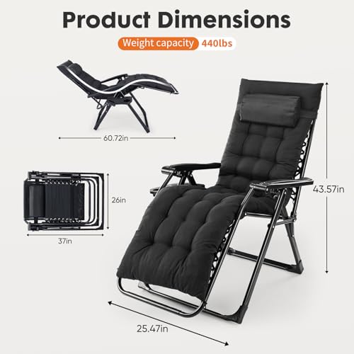 DUMOS Zero Gravity Chair, Reclining Camping Lounge Chair for Outdoor, Reclining Patio Chairs with Cup Holder Trays and Removable Cushion, Folding Recliner for Indoor, Black - size: 1P