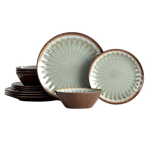 Melamine Dinnerware Sets for 4,12 Pcs Party Plates and Bowls Sets,Outdoor Use Harvest Dinner Dishes Set,Great for RVs Camping,Lightweight Unbreakable,Dishwasher Safe,Sage Green - color: Classic Green