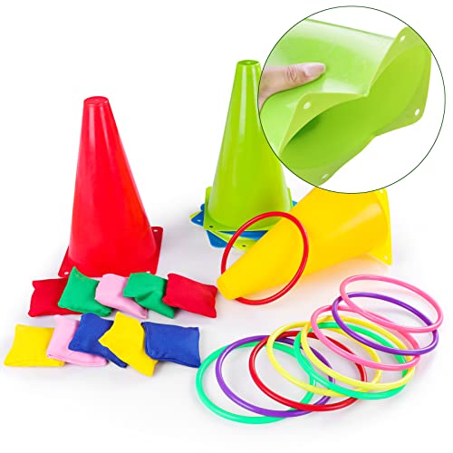 36PCS Carnival Games Combo Set 4 in 1 Bean Bag Toss Can Games Plastic Cone Ring Toss Game for Indoor Outdoor School Field Day Birthday Party Yard Game for Kids Adults