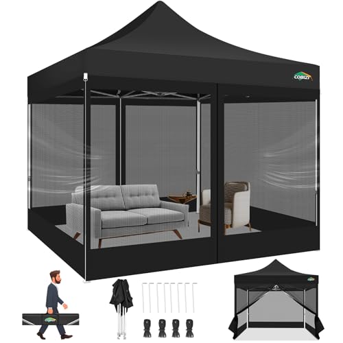 COBIZI 10x10 Canopy Tent with 4 Sidewalls,Heavy Duty Pop up Canopy with Mosquito Netting,Easy up Screen Tent for Parties Wedding Outdoor Camping with Handbag,Black - color: Black, size: 10x10ft(upgraded)