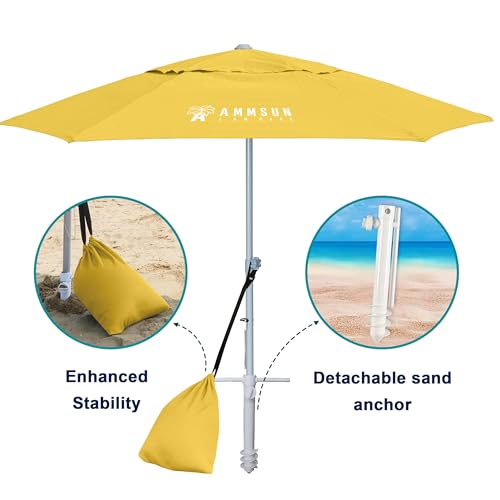 AMMSUN 8ft Heavy Duty High Wind Commercial Grade Patio Beach Umbrella with Separate Sand Anchor Air Vent Carry Bag Fiberglass Ribs without Tilt Outdoor umbrellas for sands Yellow - color: Yellow
