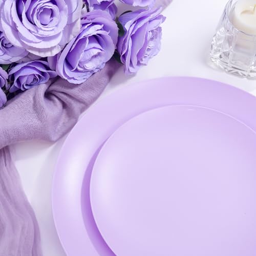 EI 150pcs Purple Plastic Plates for Party,Fancy Disposable Plates,Heavy Duty Plastic Dinnerware Set for Wedding,Easter,Afternoon Tea Party,Spring,Mother's Day,Valentine's Day - color: Purple Frosted Plastic Plates
