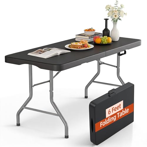 6ft Folding Table Heavy Duty 350 LBS Capacity Foldable Table with 18% Thicker HDPE Waterproof Top & Reinforced Steel Frame, Portable Fold-in-Half Table for Outdoor Indoor Party Wedding Camping - color: Black, size: 6Ft
