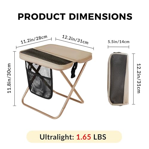 12" Portable Collapsible Stool - Folding Chair with Storage Pouch, Convertible Satchel for Hands-Free Carry & Supports 265Lbs, Ultralight for Hiking, Fishing, Camping, Festivals (Khaki, Standard) - color: Khaki, size: Standard