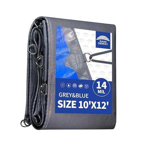 RAINDEWAY Tarps Heavy Duty Waterproof 10x12 Feet -14 Mils Super Heavy Duty Tarp with Metal Rings and Reinforced Corners and Edges, UV Resistant, Multipurpose Poly Tarp,Blue/Gray tarp - color: Gray/Blue, size: 10x12 Feet-Finished size
