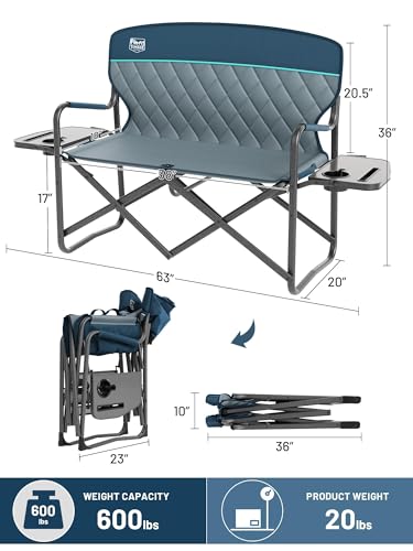 TIMBER RIDGE Double Camping Chair Portable Loveseat, Heavy Duty Folding Camp Couch, 2 person Director Chairs with Cup Holder for Outdoor Lawn Tailgates Picnic Sports Soccer Games Supports 600 lbs Blue - color: Loveseat Blue, style: Loveseat