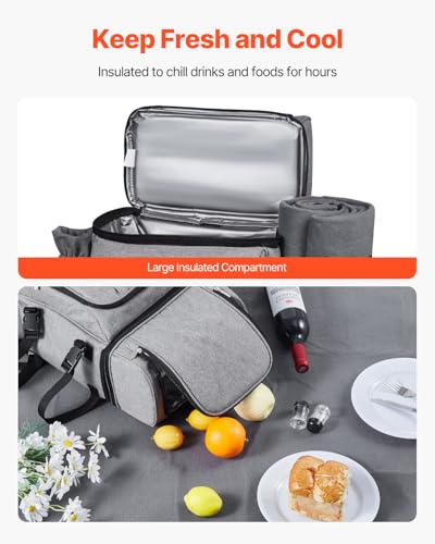 VEVOR Picnic Backpack, Beach Picnic Backpack Bag for 4 Person with Insulated Cooler Compartment, Detachable Bottle/Wine Holder, Lightweight Blanket, Plates and Cutlery Set for Hiking & Camping, Grey - size: double layer for 4 & gray