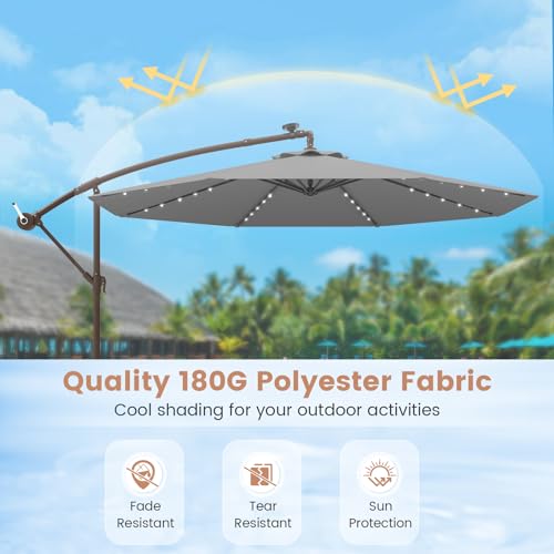 Tangkula 10FT Offset Patio Umbrella with Base Included, Outdoor Cantilever Umbrella with 40 Solar LED Lights, Tilt Adjustment, Crank Handle, Vented Top, Sand Bags for Pool Yard Deck (Gray) - color: Gray