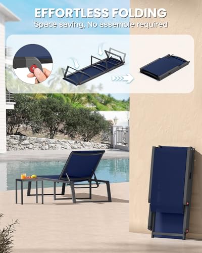 Aluminum Chaise Lounge Chair Outdoor, Foldable& No Assembly Patio Pool Lounge Chairs 5-Position Recliner for Outside, Fully Grounded Legs Sun Lounger for Poolside, Navy Blue, 2 Pack - color: Navy Blue, size: 2