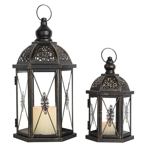 Large Lantern Decorative Outdoor & Indoor, Set of 2 (15’’&10’’) Metal Candle Lanterns Decor, Vintage Hanging Candle Holder for Front Porch Patio Wedding Farmhouse Home, Spring Decoration - color: Black / 14.9''h+10.4''h