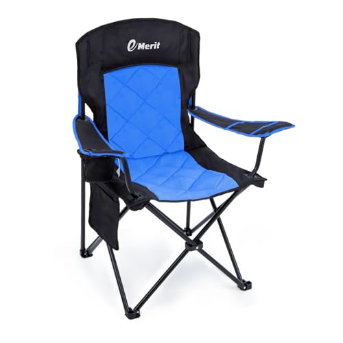 EMERIT Oversized Padded Camping Chair, 350LB Heavy Duty Quad Fold Chair with Arms, Collapsible Outdoor Chairs with Lumbar Back & Cup Holder - color: Blue