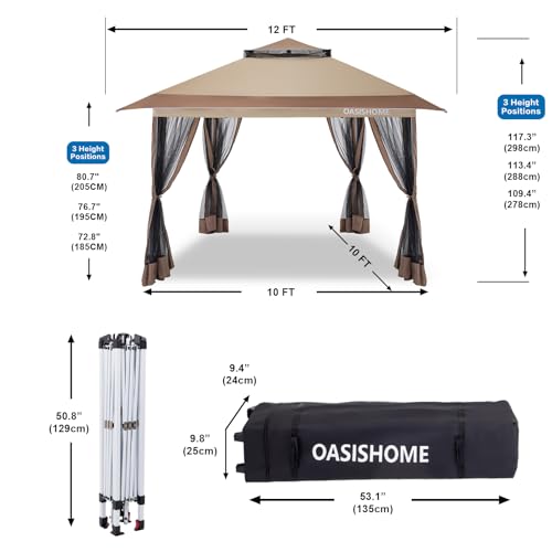 OASISHOME Pop-up Gazebo Portable Instant Canopy Tent 12x12, One-Push Locking System, with 4 Mesh Sidewall, Wheeled Bag, for Patio/Backyard/Outdoor/Parties/Events (Khaki,12FTx12FT) - color: Khaki(1 setup), size: 12X12 Top (10X10 Base)