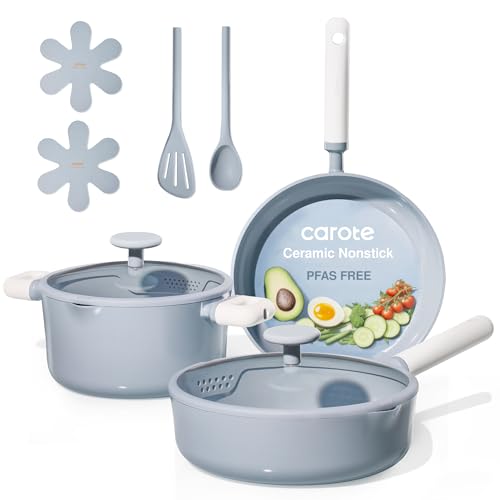 CAROTE Pots and Pans Set Nonstick, Ceramic Cookware Set, Blue Cooking Set Kitchen Induction Set with Steamer, PFAS PTFE Free,9 Piece - color: Blue, size: Stockpot