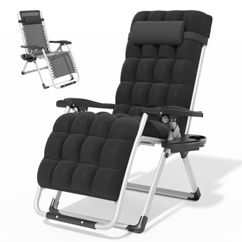 Magshion Zero Gravity Chair with Cushion, Reclining Outdoor Patio Lounge Chair, Folding Indoor Anti Gravity Recliner, Portable Lounger with Removable Cup Holder Side Tray and Pillow Headrest (Black) - color: Black