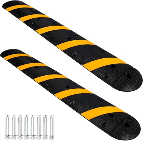 7Ft 2 Packs Rubber Speed Bump for Driveway with End Caps, Heavy Duty Traffic Calming Hump with 25000 Lbs Capacity, 2 Channel Modular Cable Protector Ramps for Asphalt Concrete Gravel Driveway - size: 7Ft