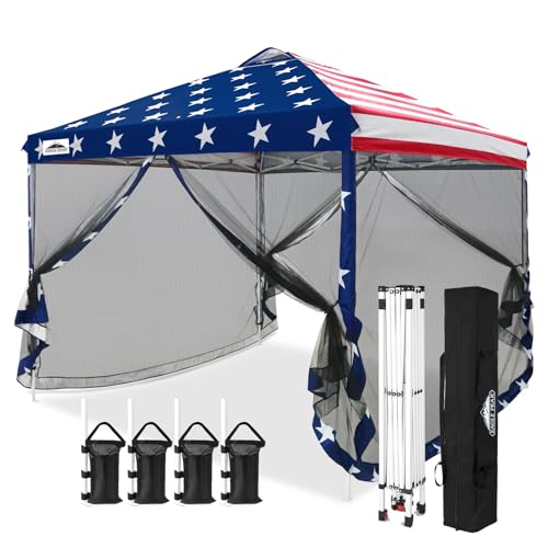 EAGLE PEAK 10x10 Outdoor Easy Pop up Canopy with Netting, Instant Screen Party Tent with Mesh Side Walls, American Flag - color: American Flag