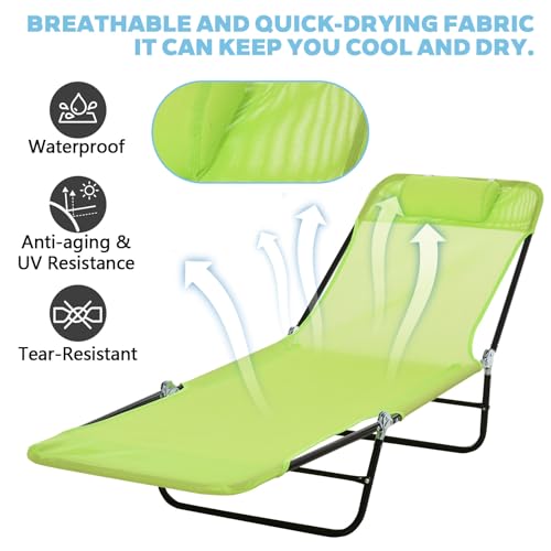 Majnesvon Outdoor Tanning Chair with Pillow, Folding Chaise Lounge Chair with Adjustable Backrest, Portable Lay Flat Beach Lounge Chairs for Sunbathing Poolside Patio Lawn Camping(Green 2) - color: Green 2