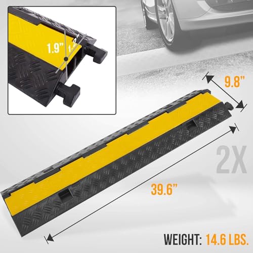 Pyle 2-Pack Heavy Duty Cable Ramp, Protective Cover with 2-Channel Design, 2000 lbs Load Capacity, Flip-Open Top, Non-Slip Surface, High Visibility Yellow, Suitable for Indoor and Outdoor Use