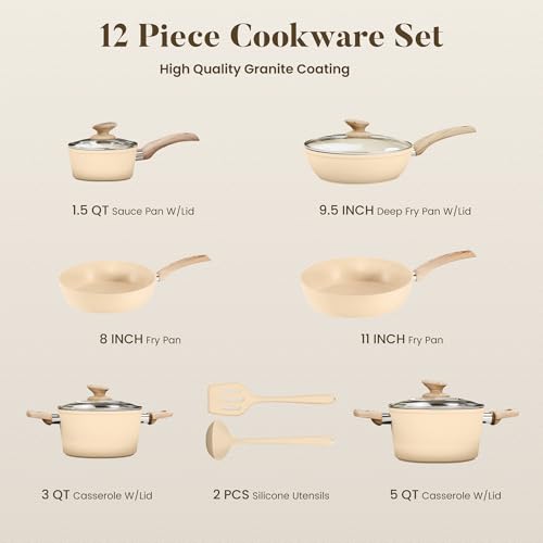 Kitchen Academy 12-Piece Induction Cookware Set, Nonstick Granite Pots and Pans in Beige - color: Beige, size: 12 PCS Cookware Set