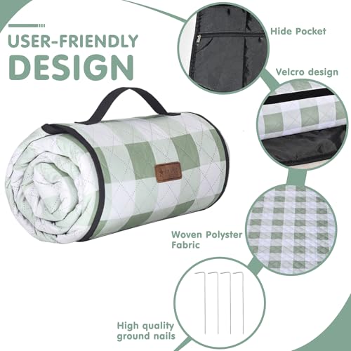 HX&OD Outdoor Picnic Blanket, Extra Large, 80''x60'' Waterproof Foldable Blankets Gingham Picnic Mat for Beach, Camping Grass Lawn Park Accessories Cute Couple Ideas Wedding (Green, 80”x60”) - color: Green, size: 5' x 6'8" (Square)