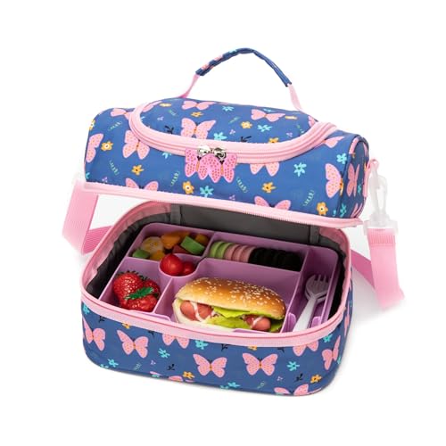 Insulated Kids Dual Compartment Lunch Bags Tote for Girls Boys Toddler Lunch Boxes Pre-School Toddler Kindergarten Picnic Camp Food Cooler Thermal with Strap (ZPINK‌BTFLY) - color: ZPINK‌BTFLY