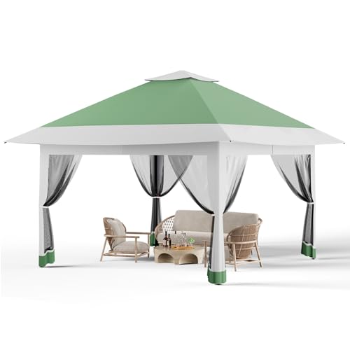 13X13 Pop Up Gazebo,Outdoor Canopy Tent with Mosquito Netting, Double Vented Roof Sun Shelter with Adjustable Heights,Outdoor Gazebo for Backyard & Patio Furniture.(Olive Green + Heather Gray). - color: Olive green + heather gray