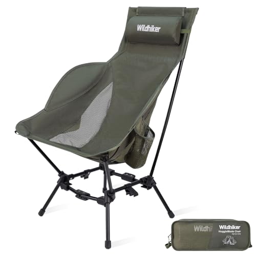 Wildhiker Compact High Back Camping Chair - Foldable with Dual Sitting Modes, Pillow, Arm Pads and Side Pockets - Lightweight Portable Chair for Motorcycle, RV, Festival, Travel - Green - color: Green