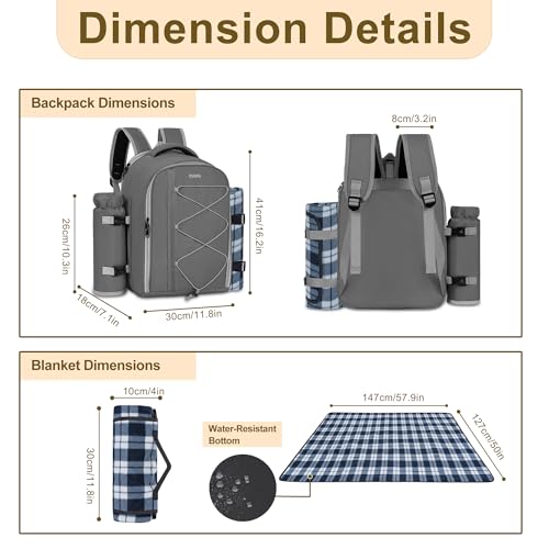Picnic Backpack for 4 Persons with Insulated Leakproof Cooler Compartment, Cutlery Sets, Wine Holder, Fleece Blanket, Wedding Gifts for Couples, Perfect for Beach, Camping, Hiking, Grey - color: Gray