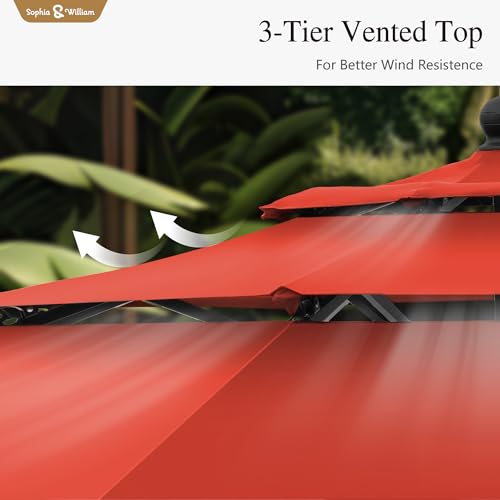 Sophia & William 10ft 3 Tier Auto-tilt Patio Umbrella,Wind Resistent,Outdoor Patio Umbrellas Double Vented Umbrella with Crank for Pool Garden Backyard, Red - color: Orange Red