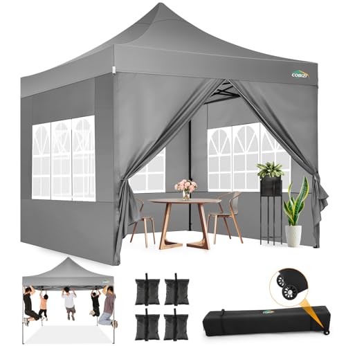 COBIZI 10x10 Pop Up Canopy with Sidewalls Heavy Duty Party Tent with Removable Awning Easy Up Outdoor Canopy Wedding, All Season Windproof&Waterproof with Roller Bag UPF 50+, Gray - color: Gray, size: 10x10 With 4 Sidewalls