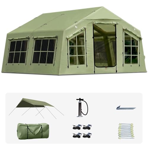 KNUO Inflatable Camping Tent, Large Blow-Up Air Tent, No Assembly Needed Luxury Glamping House, Oxford Fabric - color: Field Green-Dual-layer Doors, size: 12x12ft