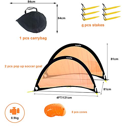 Poray Soccer Goal for Kid Easy-up Set of Two Portable Soccer Net 210D Oxford with 8 Field Marker Cones Extra Stakes Fun for Backyard and Soccer Training - color: Orange, size: 4FT