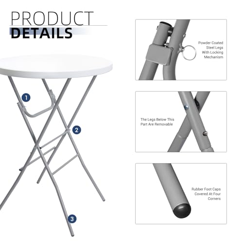 Byliable 32in Cocktail Table White High Top Folding, Portable Bar Height Folding Table Round with Removable Gray Legs, Indoor Outdoor Banquet for Parties, Commercial, Speech, Dining - color: White, size: 32×43 in