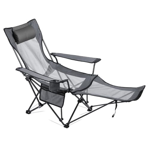 VEVOR 2-in-1 Reclining Camping Chair with Footrest for Adults, 4 Adjustable Positions, Portable Folding Lounger, Lightweight Mesh Beach Chair Supports 220lbs, Heavy Duty Camp Chairs Outdoor, Gray - color: Grey