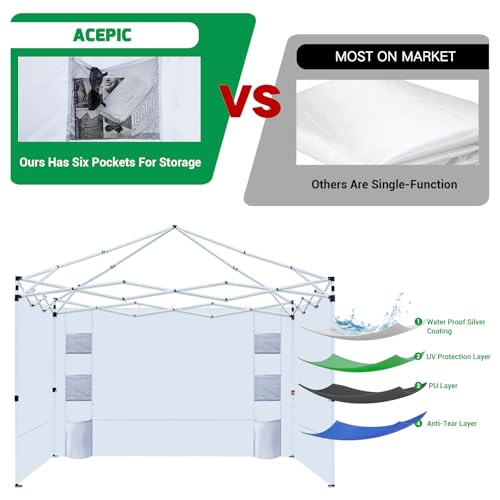 Acepic Instant Canopy Sidewalls 10x10 FT for Pop Up Canopy, Waterproof and UV Protection, 300D Polyester Canopy Walls with 6 Pockets, White/Silver(3PCS Sidewall Only, Canopy Tent NOT Included)