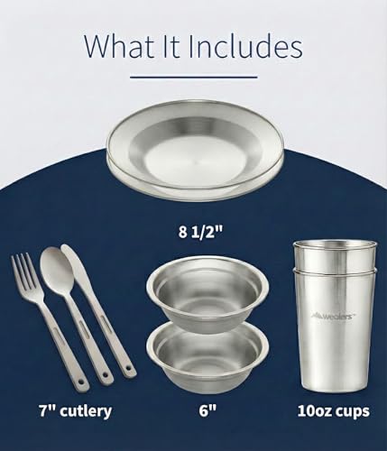 Unique Complete Messware Kit Polished Stainless Steel Dishes Set| Tableware| Dinnerware| Camping| Includes - Cups | Plates| Bowls| Cutlery| Comes in Mesh Bags - style: 2 Person Set Green
