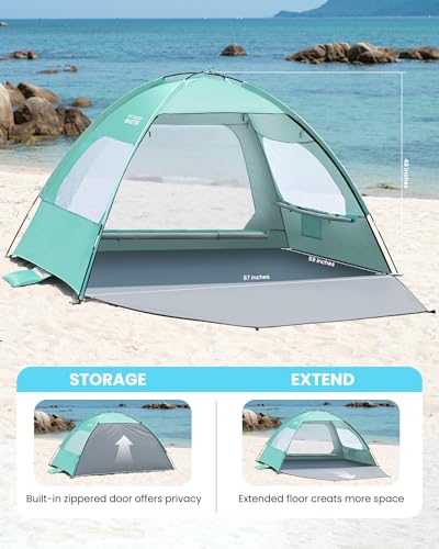 OutdoorMaster Beach Tent for 3/4/6/8 Person - Easy Setup Sun Shade Shelter, Portable Beach Shade Sun Canopy with UPF 50+ UV Protection, Removable Skylight Family Size - color: Green, size: 3 Person