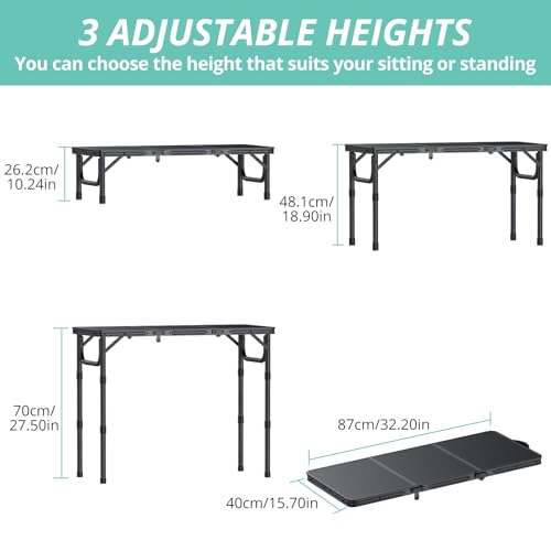 VINTEAM Tri-Folding Camping Table with 3 Adjustable Heights, Lightweight Portable Outdoor Picnic BBQ Table, Black Aluminum Folding Grill Table for Camping, RV, Beach, Fishing & Backyard - style: 3-Fold MDF Tabletop