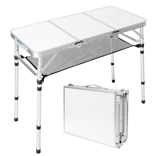 Folding Camping Table with Storage Net,3ft Portable Aluminum Folding Table with 3 Adjustable Height Max 27.3 Inch for Outdoor Backyard BBQ Picnic Cooking Tents Beach Indoor Bedroom（Silver） - color: Silver