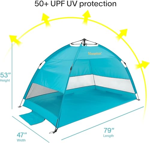 Alvantor® Beach Tent Beach Umbrella Outdoor Sun Shelter Cabana Automatic Instant Pop-Up UPF 50+ Portable Beach Shade Camping Fishing Hiking Canopy Easy Set Up Light Weight Windproof for 2-3 Person - color: Teal, size: 80"x48"x53"