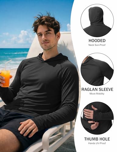KEFITEVD Men's Sun Protection UPF 50+ Hoodie Shirts Long Sleeve Swimming Fishing Shirt SPF UV Quick Dry Rash Guards - color: Black, size: Large