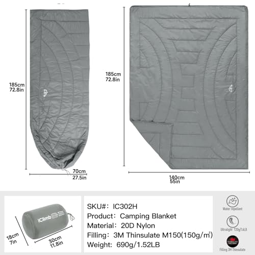 iClimb 3M Thinsulate Insulation Warm Camping Blanket Ultralight Compact - color: Light Grey, size: 72.8” × 55”, 1.52 lb