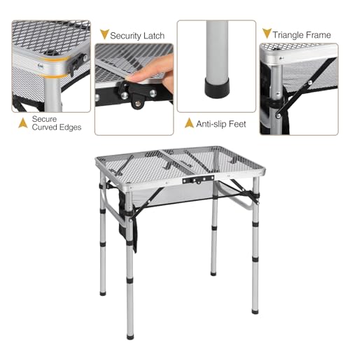 REDCAMP Small Folding Grill Table for Outside, 2Ft Lightweight 4 Height Adjustable Portable Metal Table with Mesh Desktop, Outdoor Table for Camping Picnic Beach and BBQ, Silver - color: Silver, size: 24"x16"