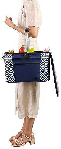 ALLCAMP Picnic Basket - Insulated Cooler, Thickening Foldable Picnic Basket with Removable Baskets & Sewn-in Frame, Basket for House Warming Gifts New Home(Rectangle Blue White) - color: Rectangle Blue White, size: Medium