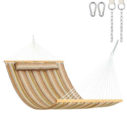 Lazy Daze Hammocks 12 FT Quilted Fabric Double Hammock with Spreader Bars and Detachable Pillow, 450lbs Weight Capacity, Brown Stripe - color: Brown Stripe