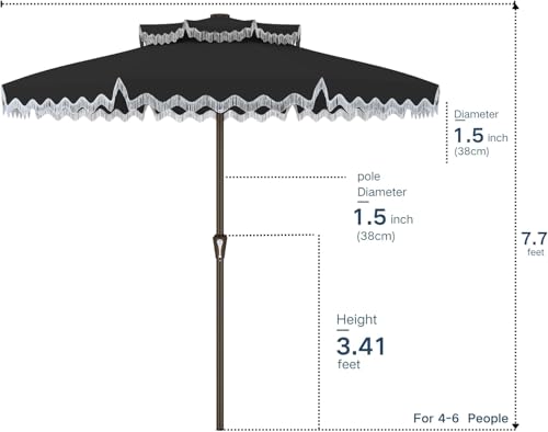 Kingdura 9ft Patio Umbrella with Fringe, Outdoor Table Umbrella with 8 Sturdy Fiberglass Ribs, Push-Button Tilt, UPF 50+, Luxurious Vintage Pool Umbrellas - color: Black - Fringe, size: 9 Ft