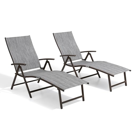 Crestlive Products 2PCS Chaise Lounge Chair Outdoor with 1PC Side Table, Aluminum Folding Patio Recliner Chair, Adjustable 8 Positions Assemble-Free - color: Dark Gray, size: 2 Pcs