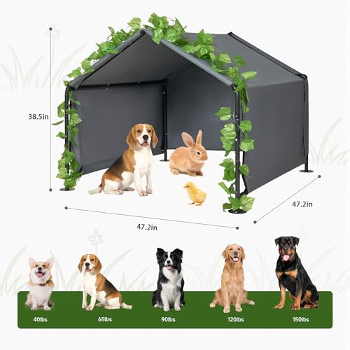 4'x 4'x 3.3' Large Dog Shade Shelter Outdoor Tent Dog House for Large Medium Dogs, Outside Sun Rain Canopy Pet House for Homeless Cats Livestock with Rainproof Cover with Artificial Grapevine Leaves