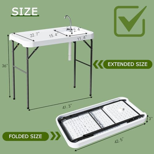 Folding Fish Cleaning Table with Sink, Portable Camping Sink Table with Measure Mark, Drainage Hose and Knife Groove, Outdoor Fish Fillet Cleaning Station for Picnic Fishing, White - color: Off White
