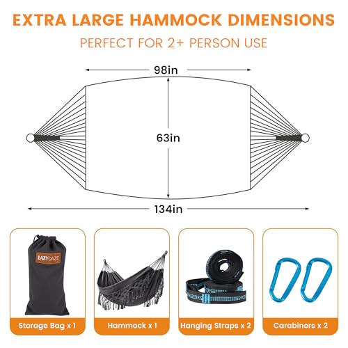 Lazy Daze Hammocks Double Brazilian Cotton Hammock, Extra Large Portable Outdoor Camping Hammock with Tree Straps & Travel Bag for Backyard Patio Poolside Indoor, 550lbs Capacity, Dark Gray - color: Dark Gray